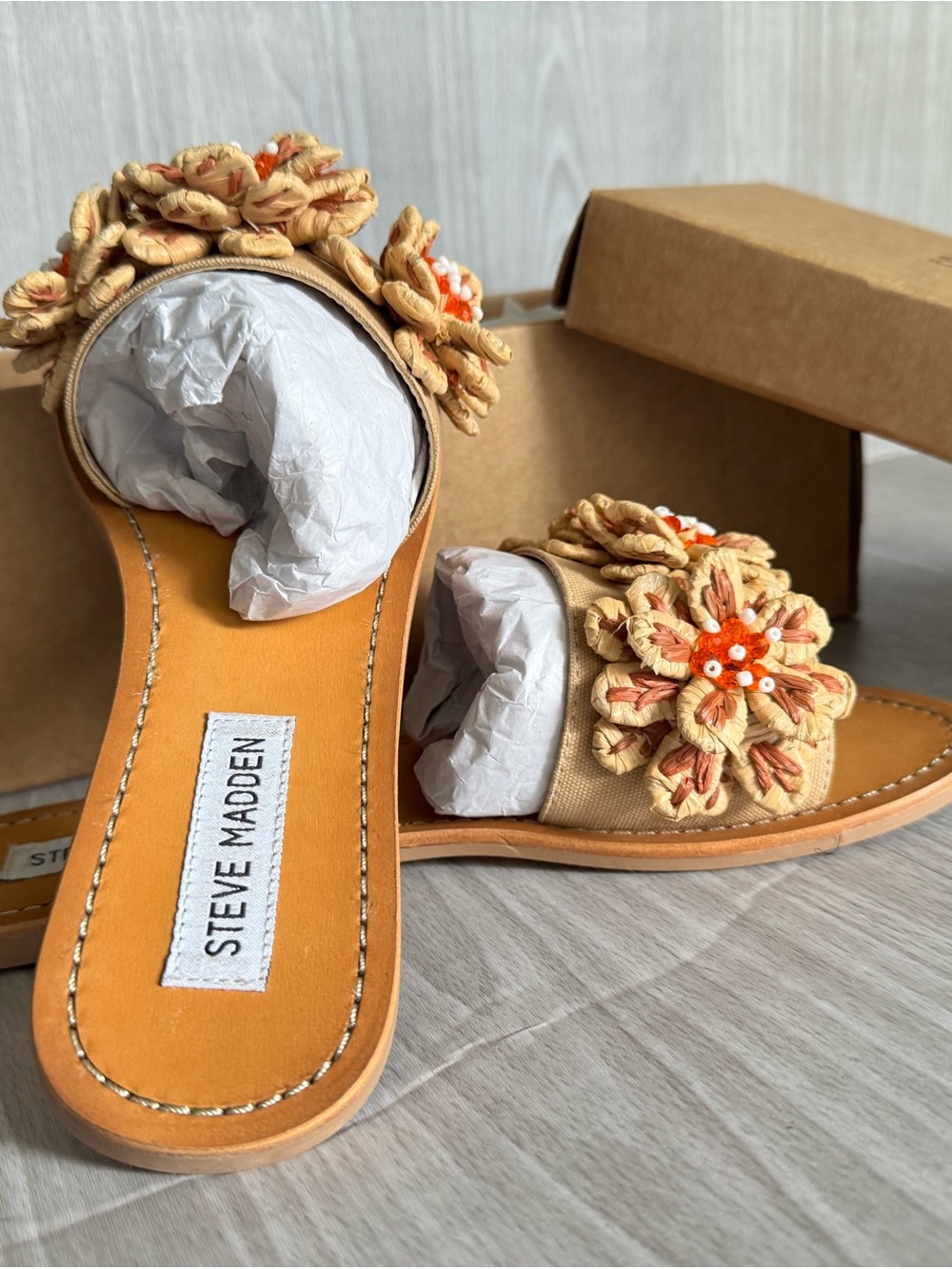 Steve Madden Beige Floral Beaded Slide Sandal - Picture 3 of 4